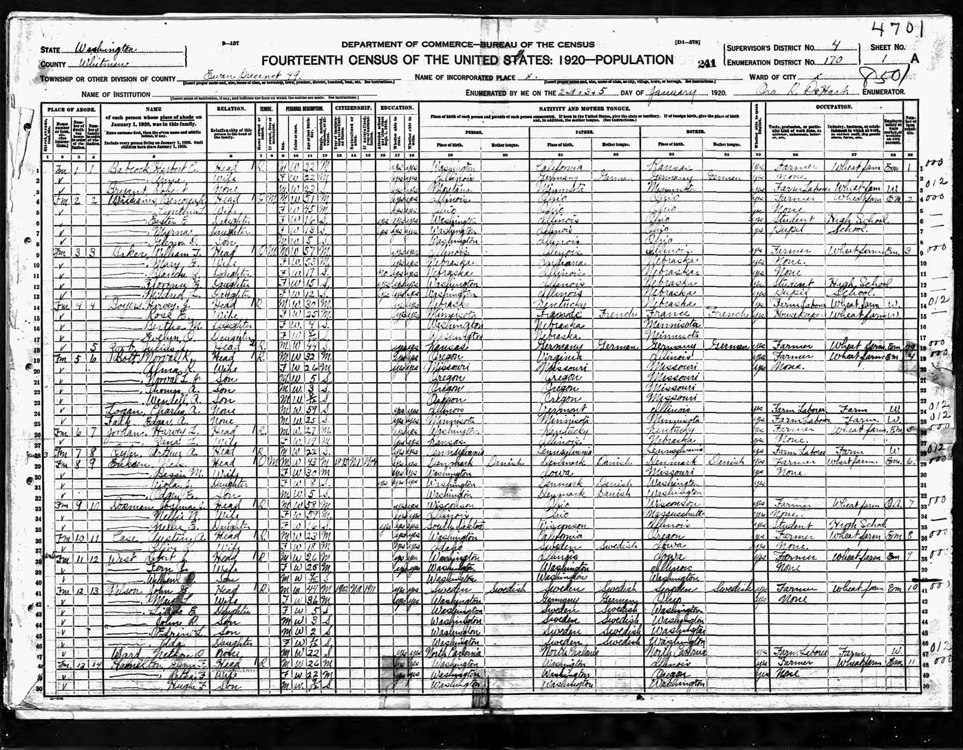 First page of Glenn F & Retha (Hamilton) Family - 1920 US Census Ewan Precinct, Whitman County, WA - Page 1