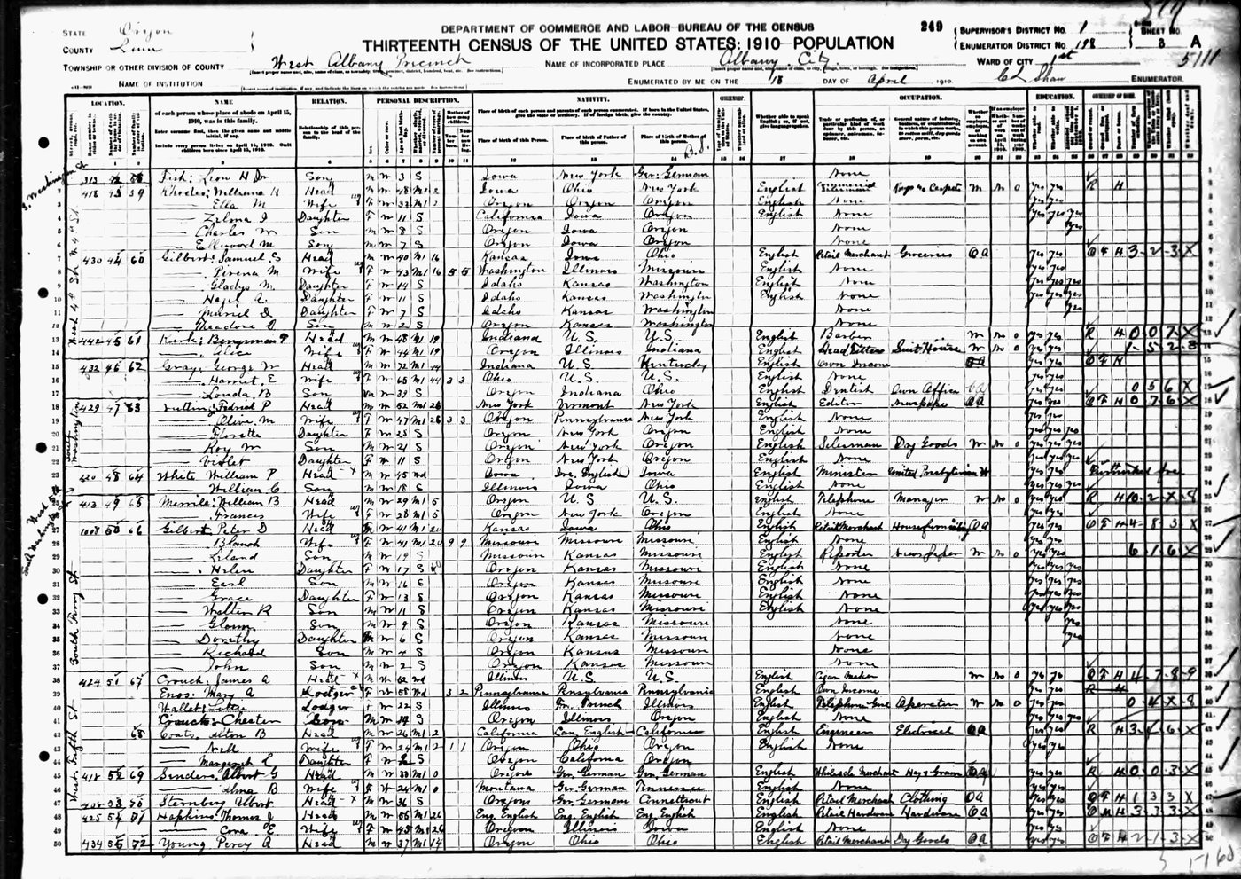 First page of Samuel S. and Pirena (Hamilton) Gilbert Family - 1910 US Census Albany City, Linn County, Oregon