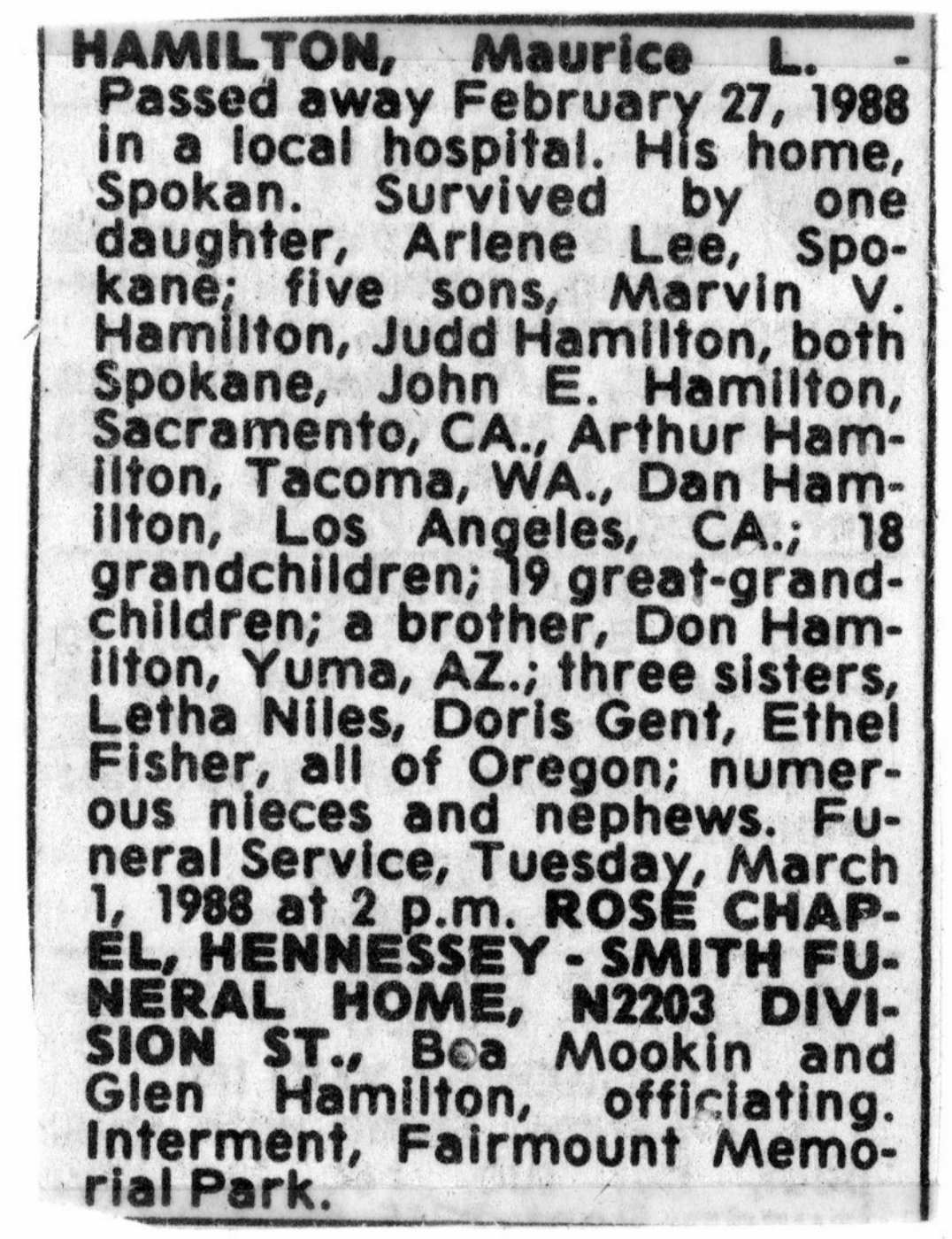 First page of Maurice Lake Hamilton Obituary - Spokesman Review - February 1988