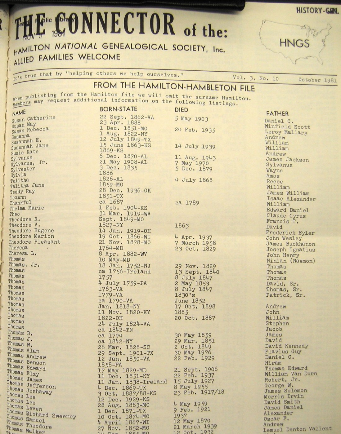 First page of Joyce Hamilton's published inquiry about John and Altha Hamilton: HNGS 1981