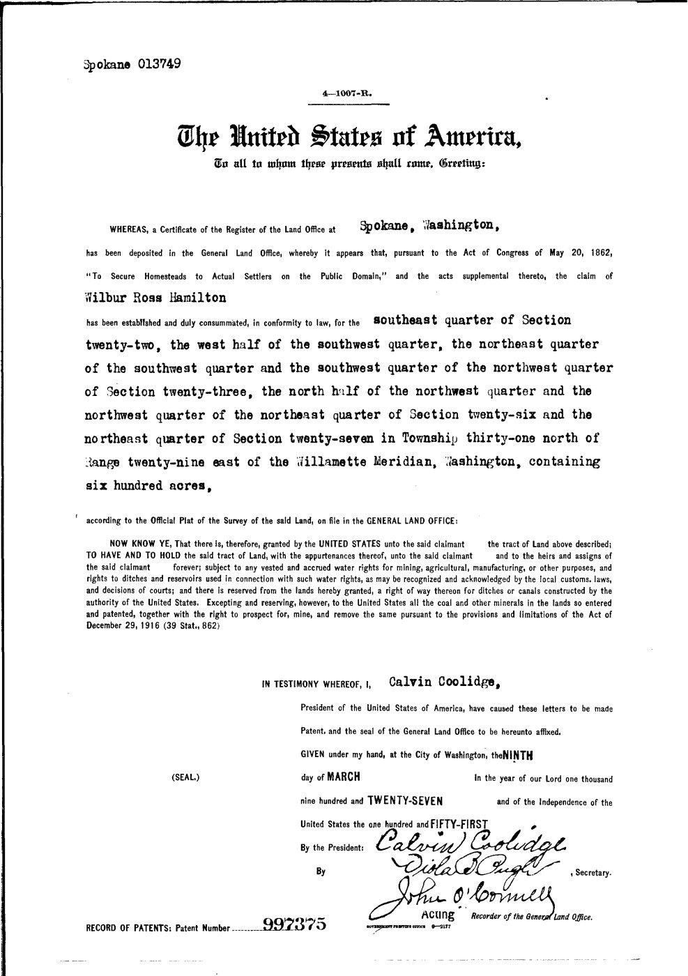 First page of Wilbur Ross Hamilton - Homestead Patent Papers - March 1927