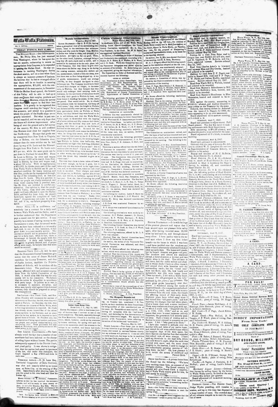 First page of S. Hamilton: Nominated by acclamation to run for Walla Walla County Commissioner on the Union Ticket. May 11, 1867.