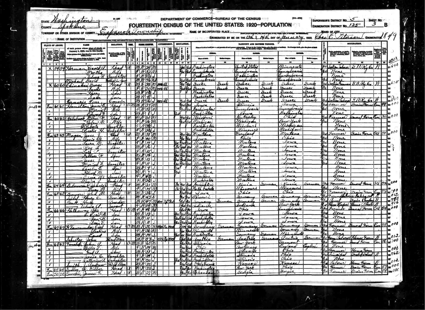 First page of James E and Mernie Hamilton Family - 1920 US Census - Espanola, Spokane County, Washington