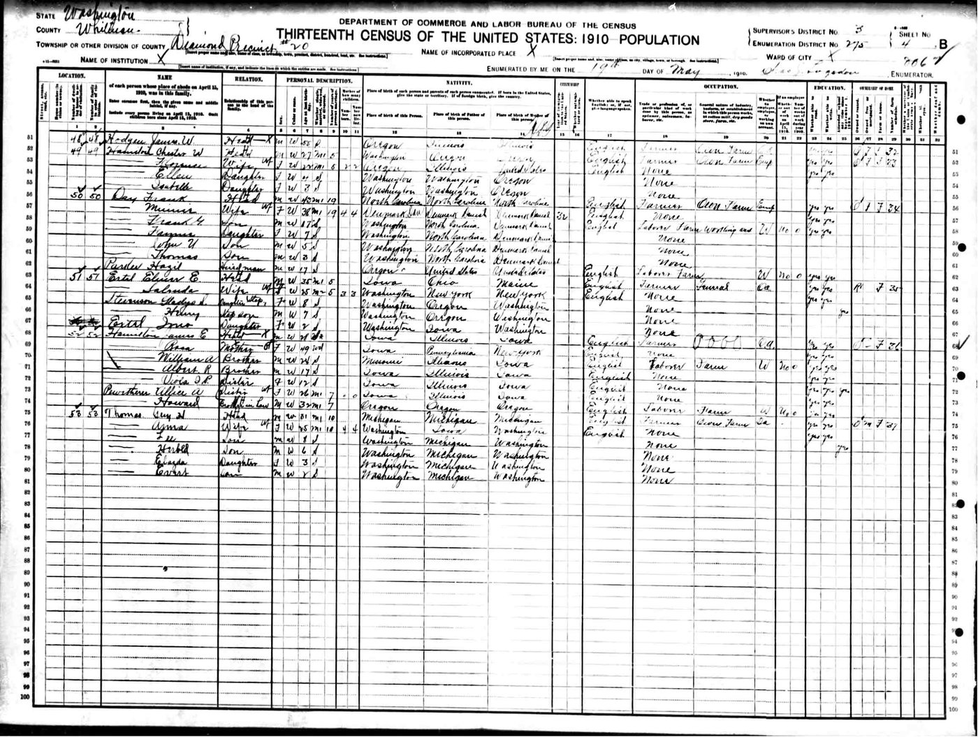 First page of James E Hamilton, mother Rosa and siblings - 1910 US Census - Diamond, Whitman County, Washinton