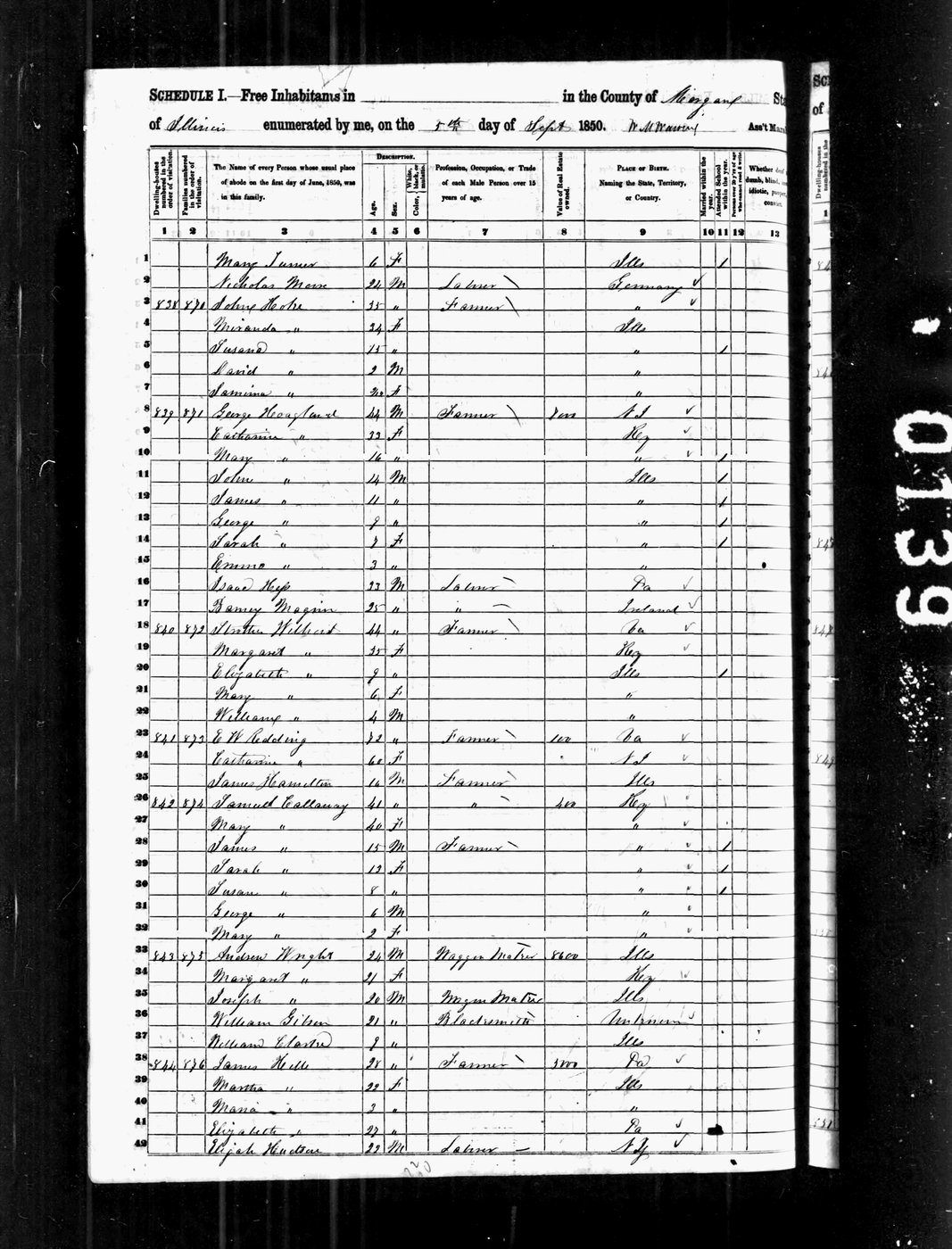First page of James M Hamilton - 1850 US Census - Morgan County, Illinois.