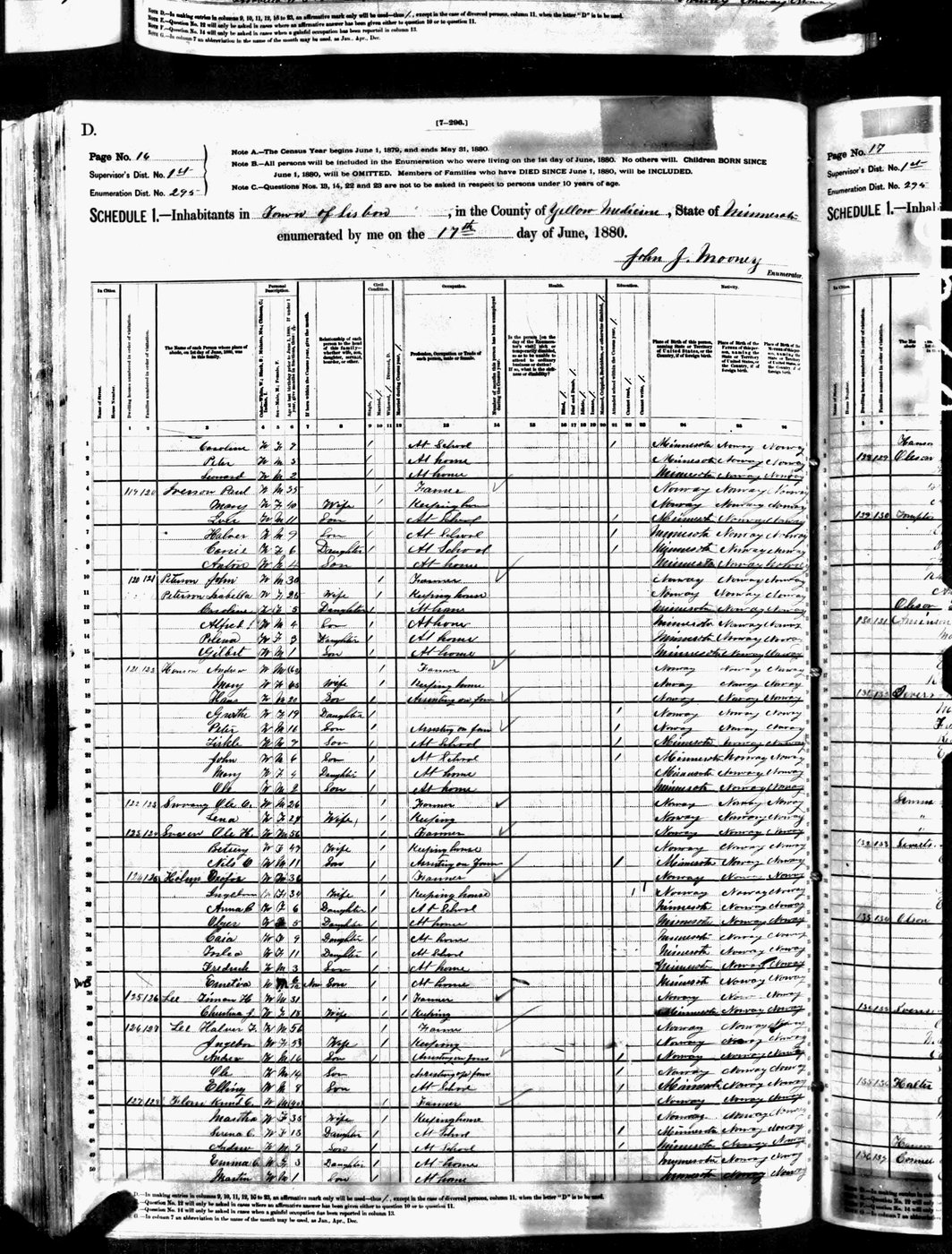 First page of Elling Lee (Household of Havler & Ingeborg Lee) - 1880 US Census: Lisbon, Yellow Medicine County Minnesota
