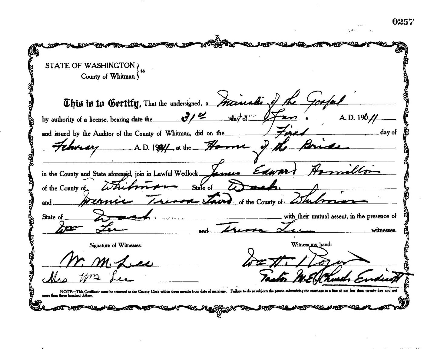 First page of James Edward Hamilton and Mernie T Laird Marriage License 1-31-1911