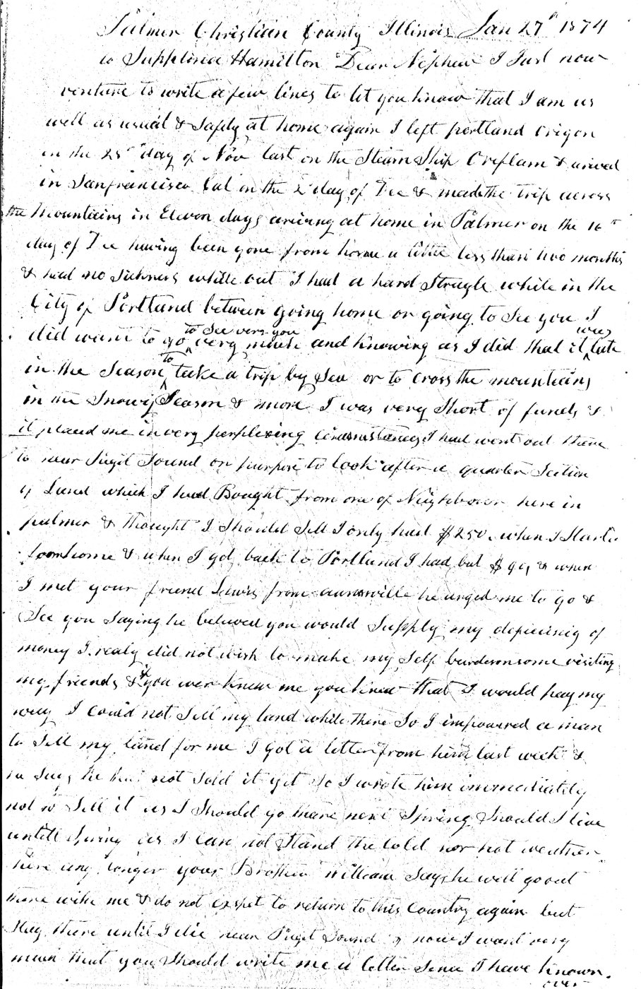 First page of Letter from Supplina Judd to Supplina Hamilton, Jan. 27, 1874 - page 1