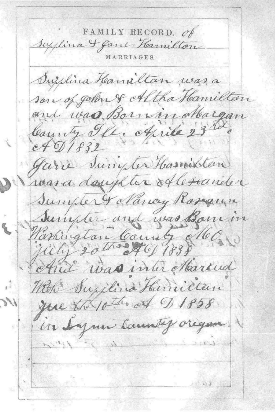 First page of Supplina and Sarah Jane Hamilton Family Bible Record
