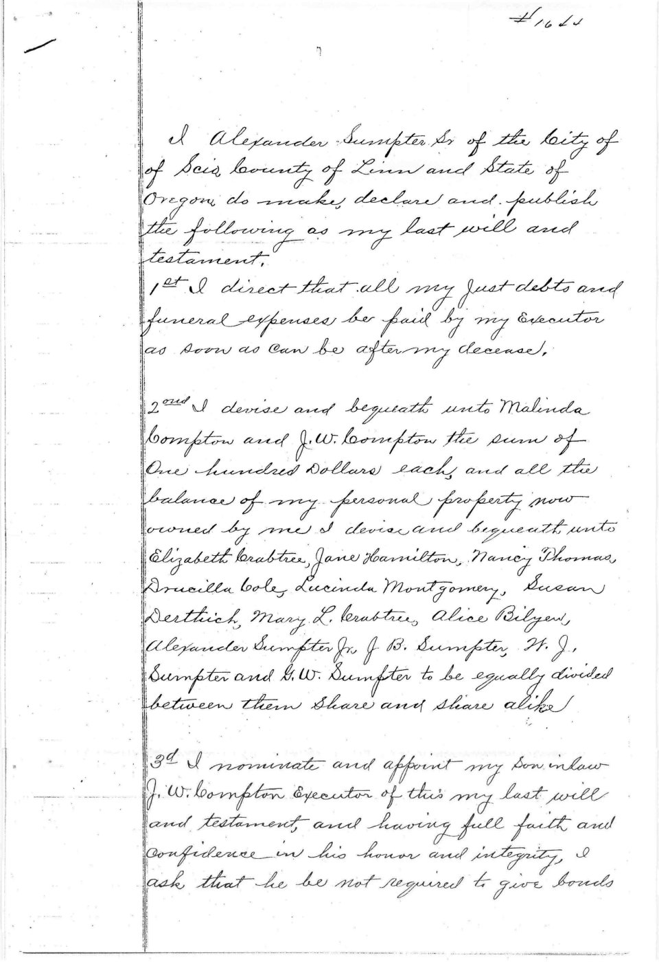 First page of Alexander Sumpter, Sr. - Last Will and Testament - June 29, 1898