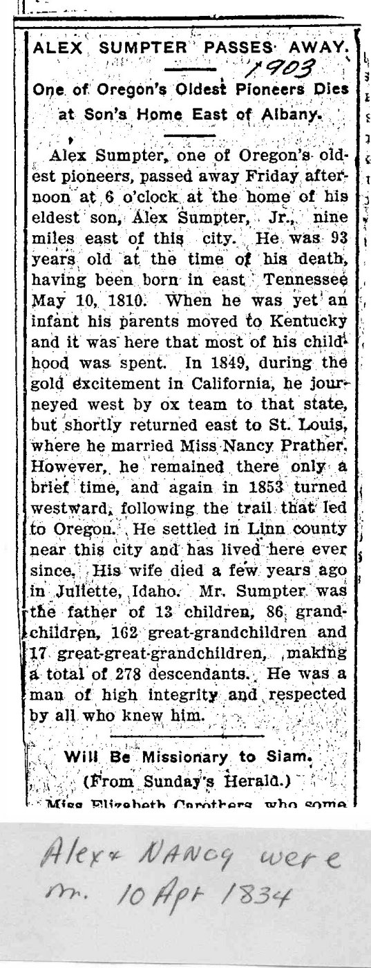 First page of Obituary of Alexander Sumpter, Sr.
