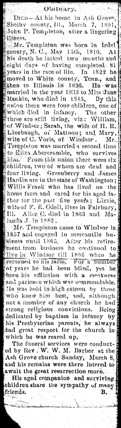 First page of John P. Templeton - Obituary - 1891