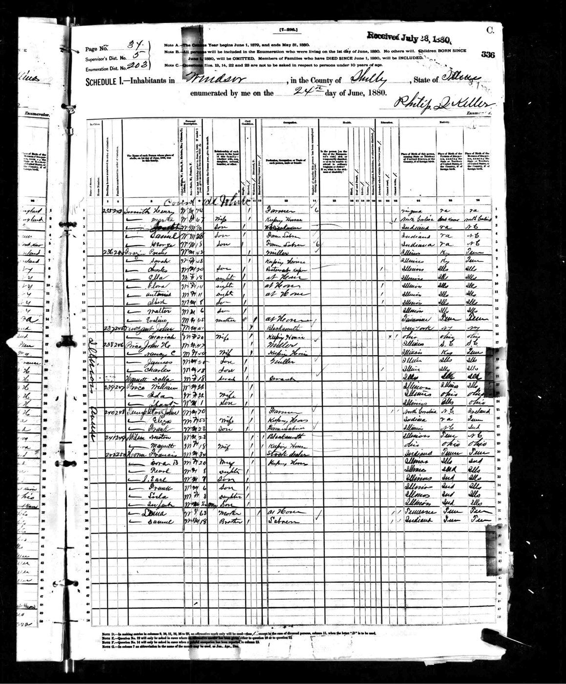 First page of John P and Eliza Templeton Household: 1880 US Census - Windsor, Shelby County, Illinois