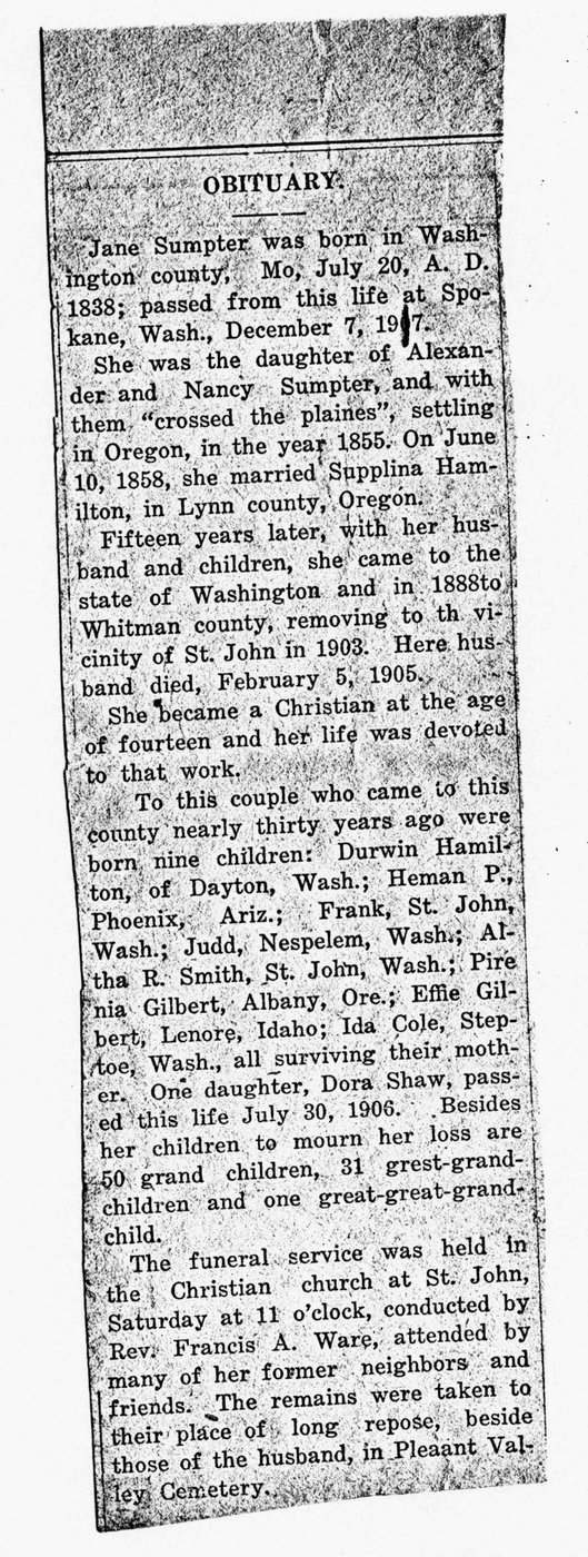 First page of Sarah Jane (Sumpter) Hamilton Obituary