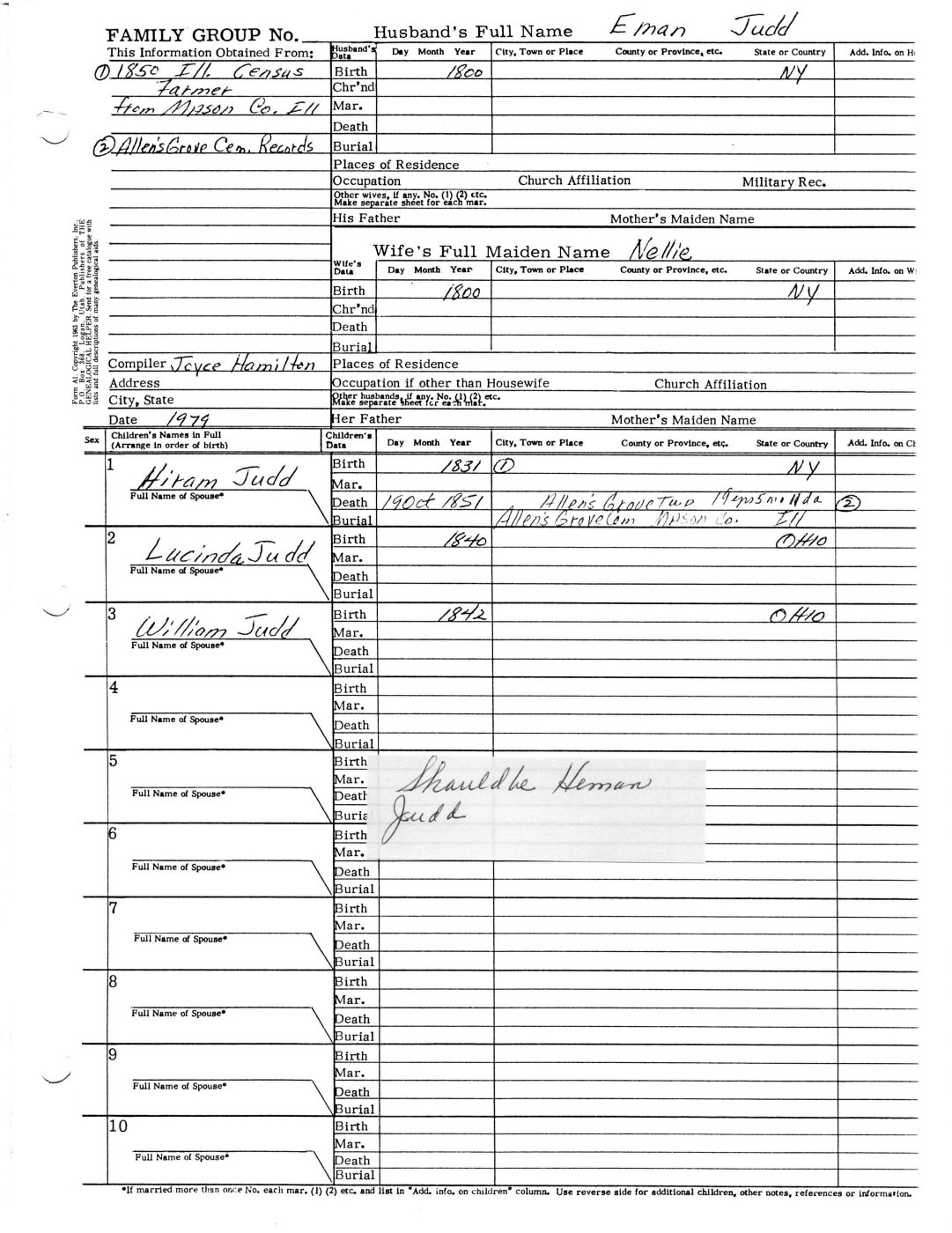 First page of Heman Judd Family Group Sheet