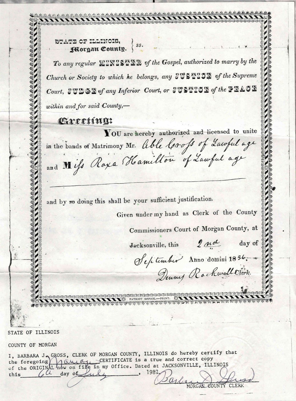 First page of Able Cross and Roxa Hamilton Marriage Docs, Morgan County, Illinois - 1836