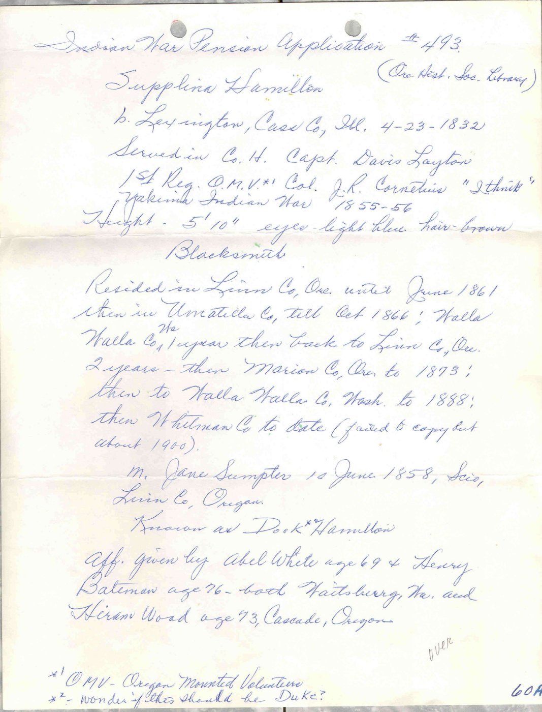 First page of Supplina Hamilton Yakima Indian War Record File Transcriptions