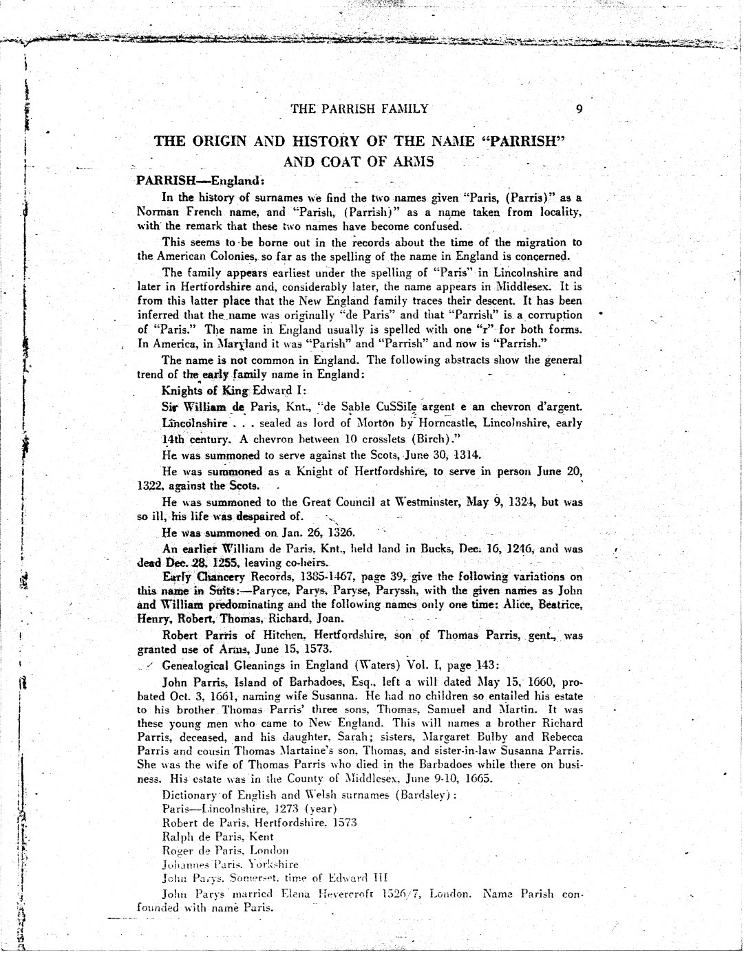 First page of Parrish ~ Dykstra Family History Docs