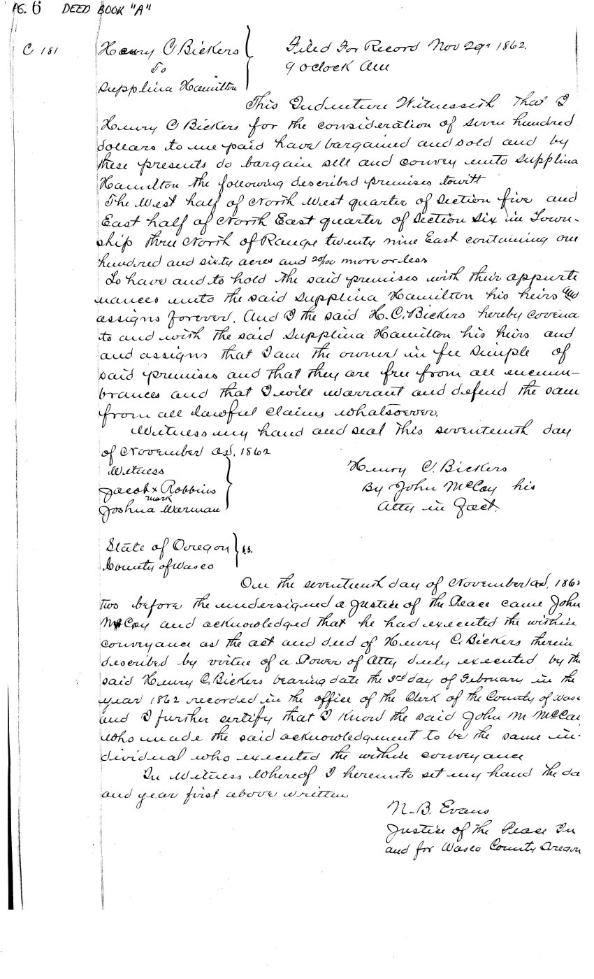 First page of Supplina and Jane Hamilton land records Umatilla Co Oregon 1862~1866