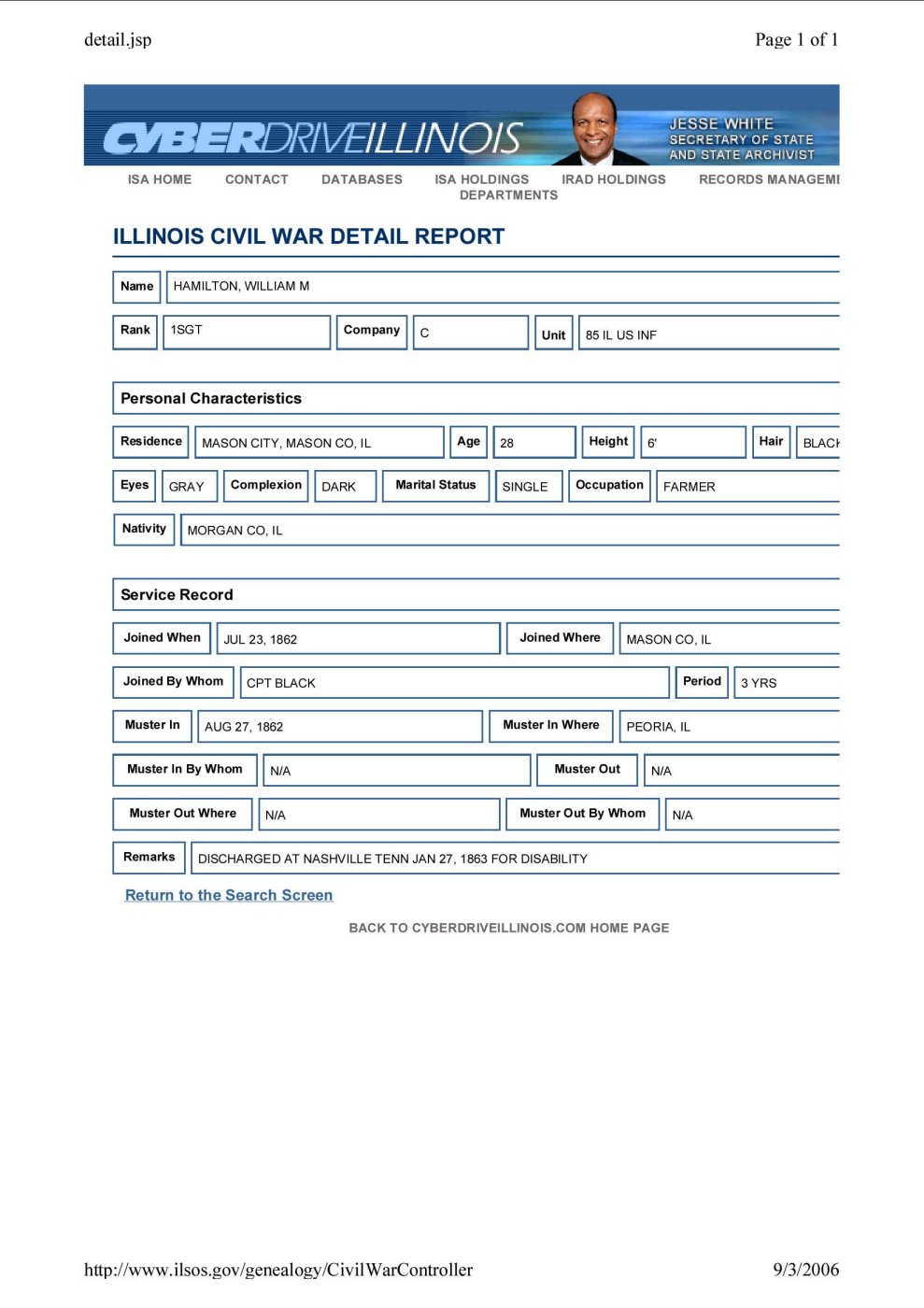 First page of William McCord Hamilton Civil War Service Record