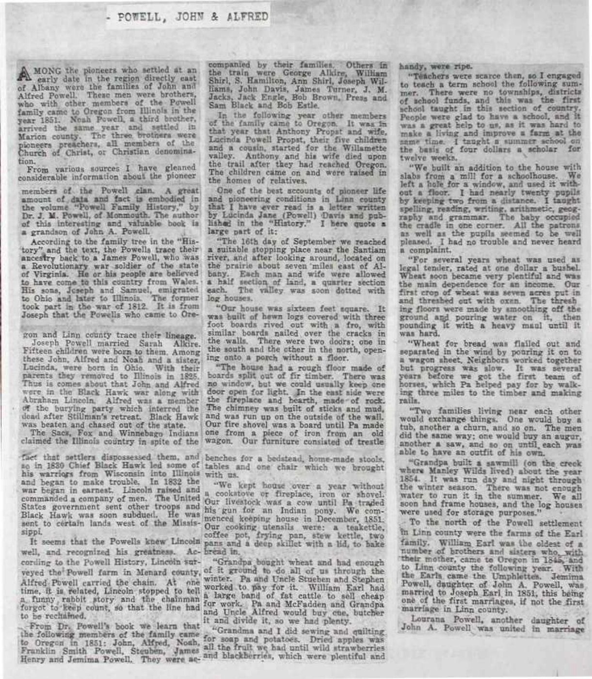 First page of Oregon Newspaper Article on the Powell Pioneers mentioning S. (Supplina) Hamilton