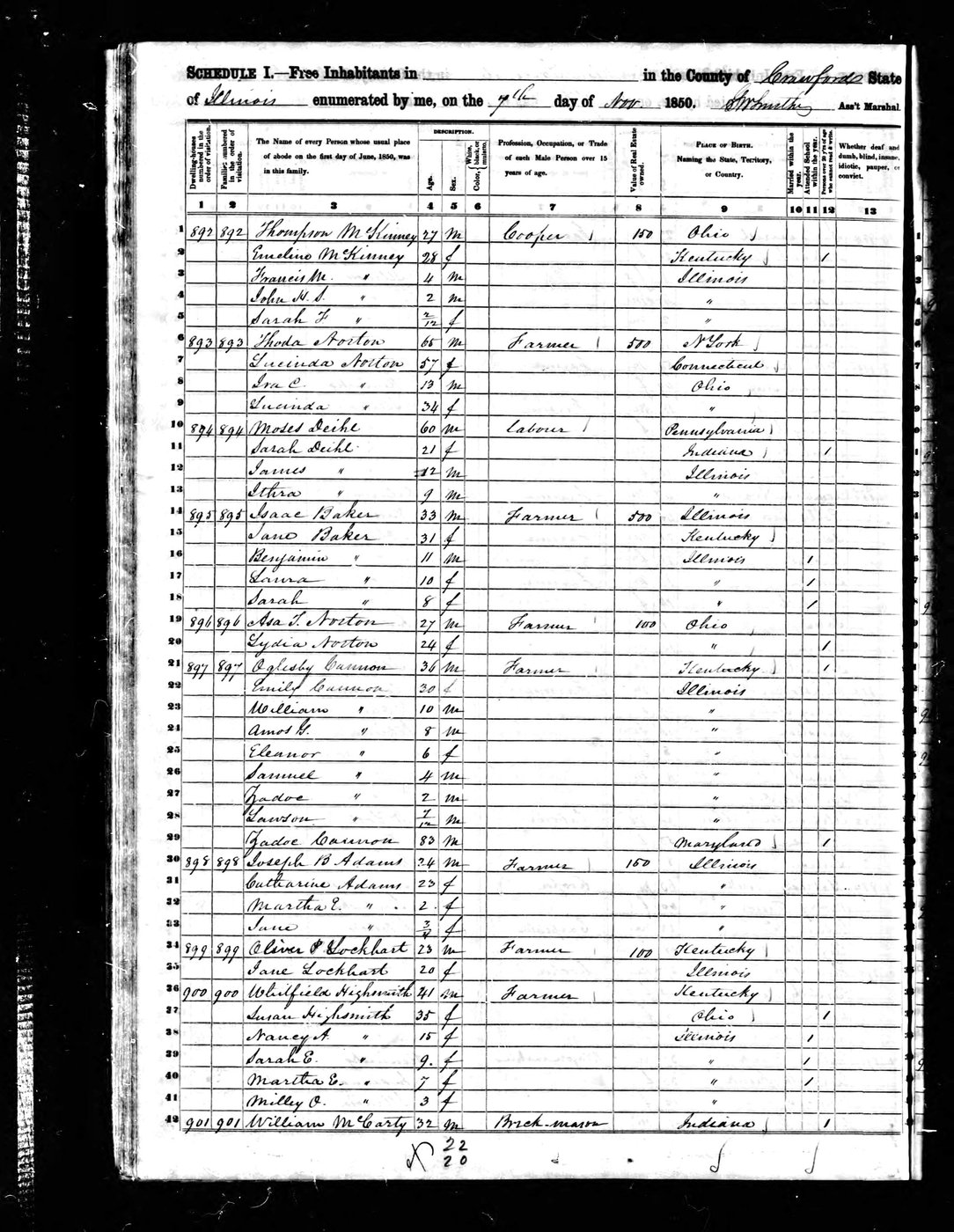 First page of 1850 US Census: William McCarty and Rachel McCarty and family. Crawford County, Illinois - Page 1