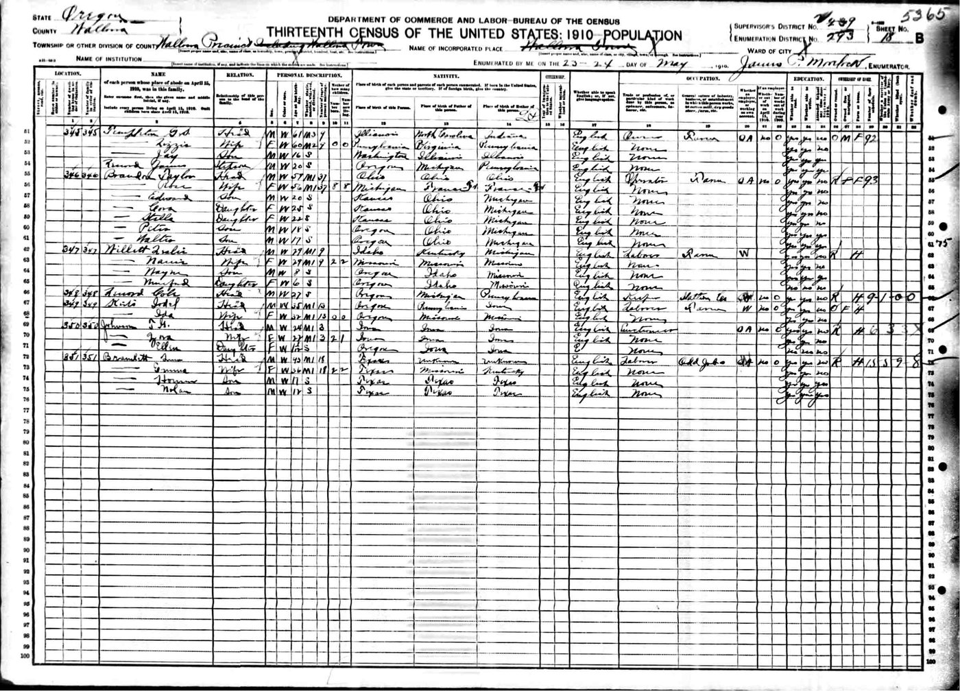 First page of 1910 US Census: Greenberry Templeton, Wallowa County, Oregon