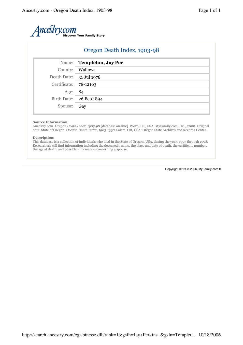 First page of Jay Perkins Templeton - Oregon Death Index