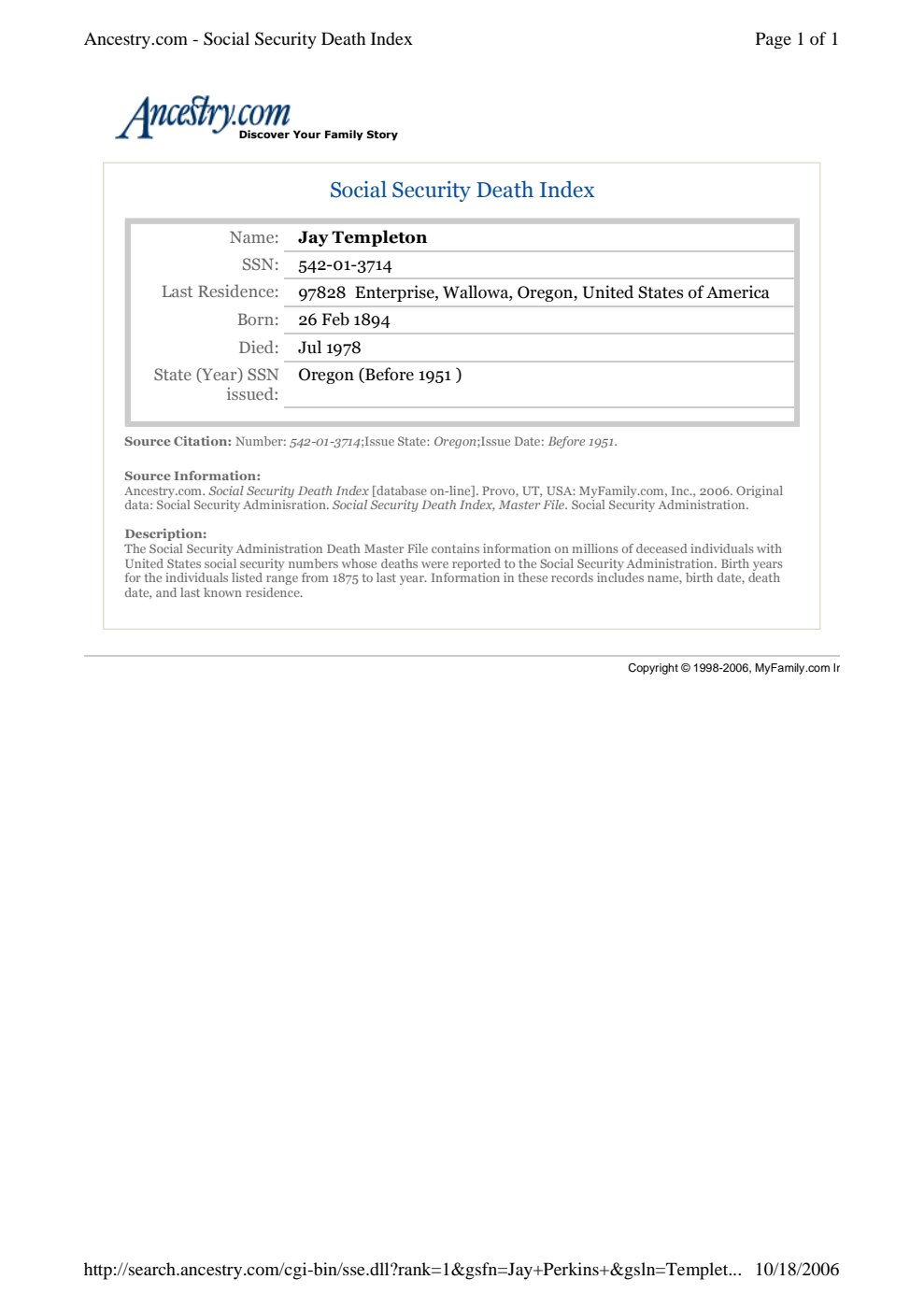 First page of Jay_Perkins_Templeton_Social_Security_Death_Index