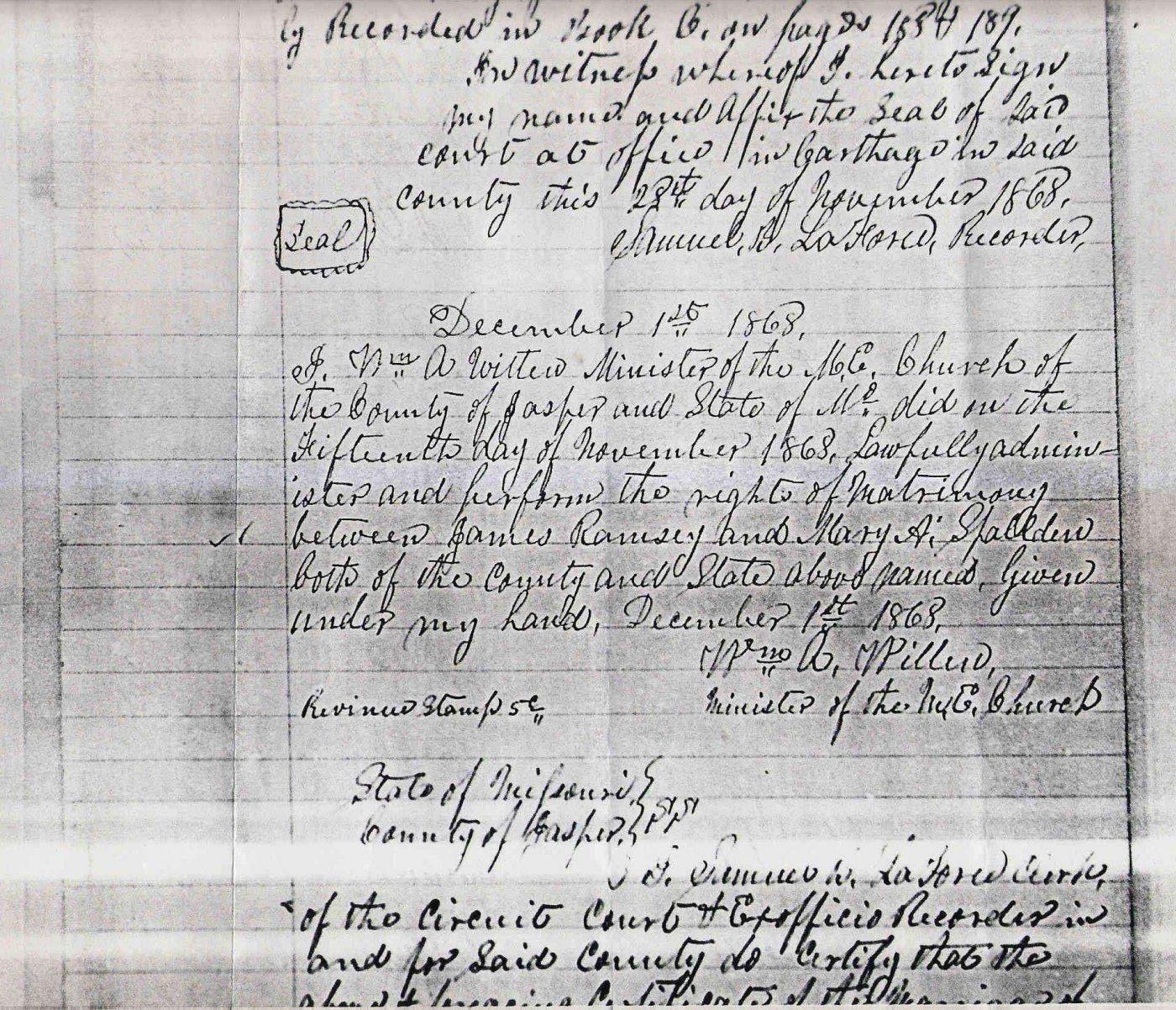 First page of James W. Ramsay and Mary A. Spallden (Spaulding) Marriage Record - 1868