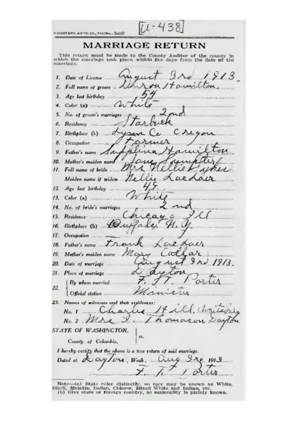 First page of Duron Hamilton's 2nd Marriage Nellie Sykes - Aug. 3, 1913