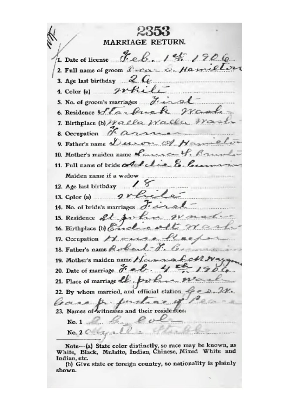 First page of Oscar Hamilton and Addie Cummins Marriage Return - Feb. 2, 1906