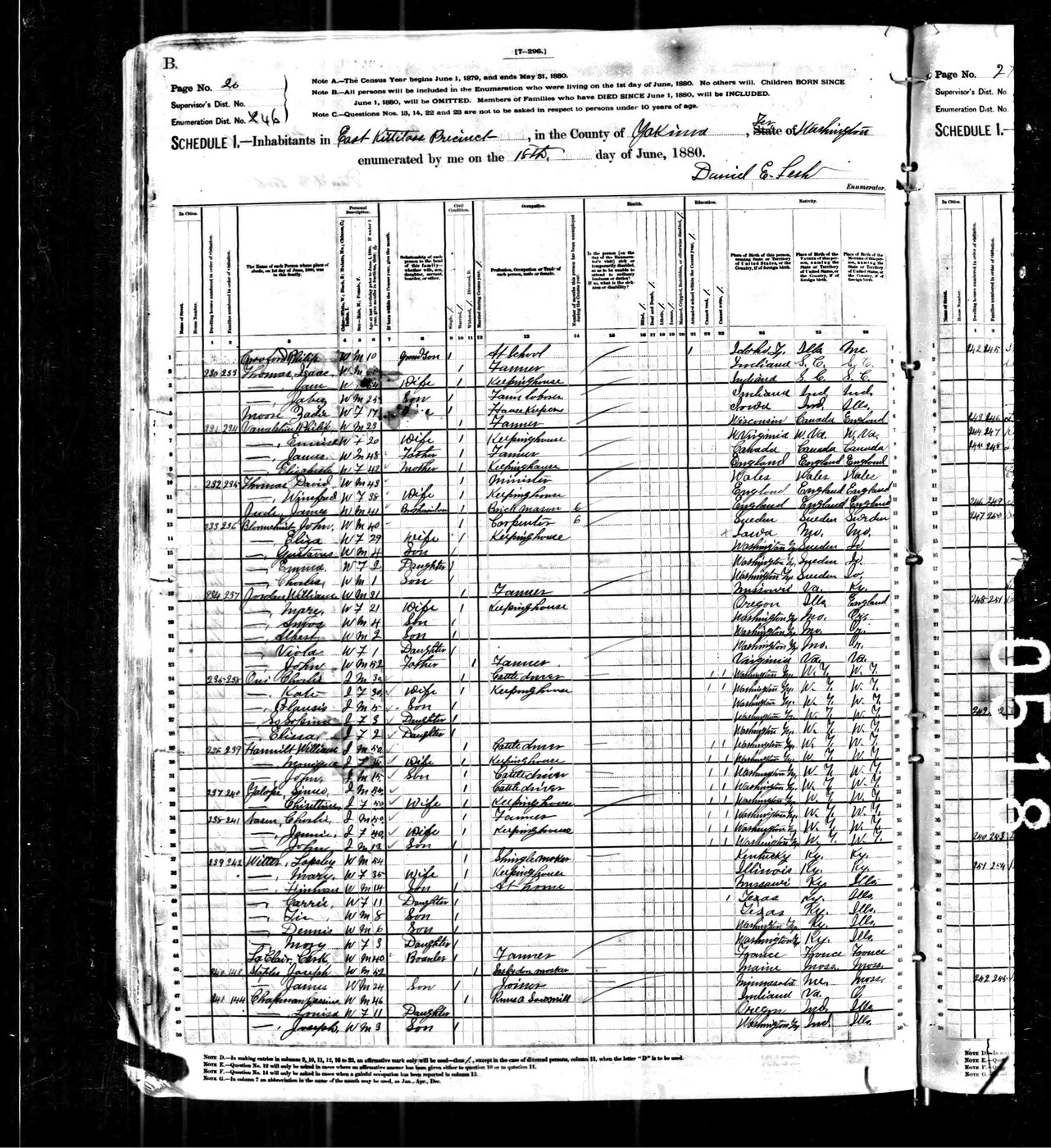 First page of 1880 US Census: William and Mary Jordan, Yakima, East Kittitass County, Washington