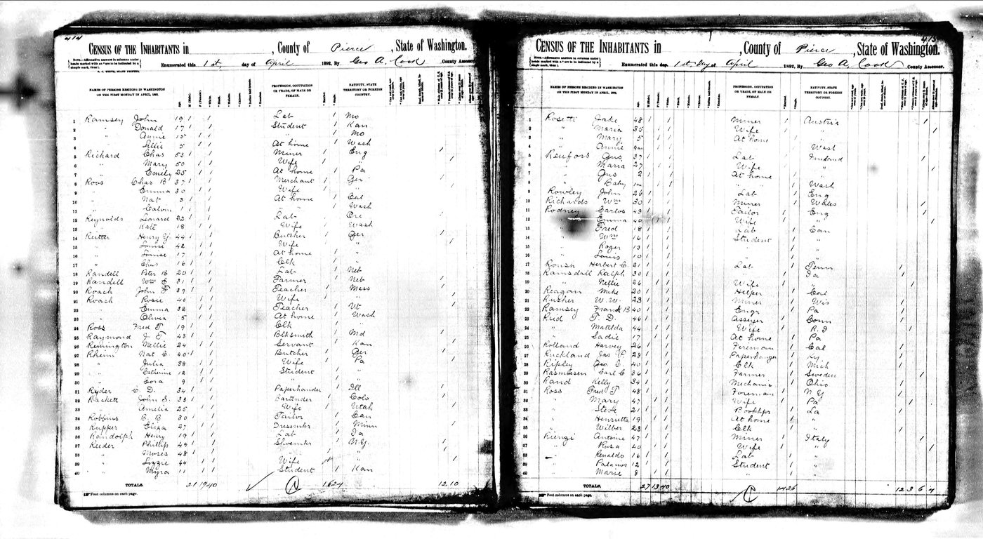 First page of 1892 Washington State Territorial Census - Pierce County - James Ramsey Family - page 2