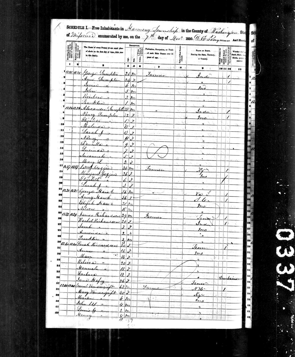 First page of 1850 US Census: Alexander and Nancy (Prather) Sumpter and family - Harmony Township, Washington County, Missouri