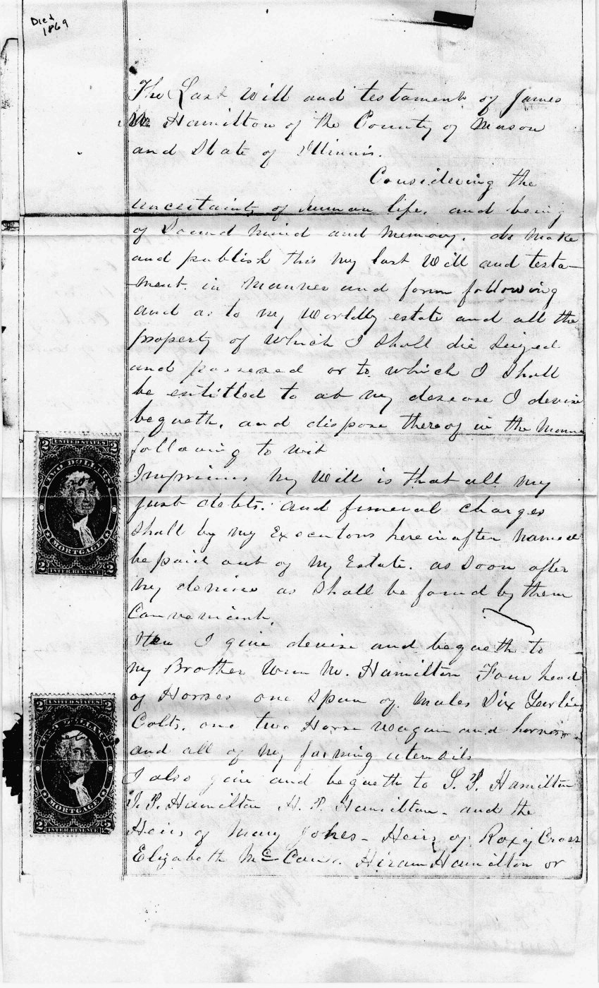 First page of James M. Hamilton - Last Will & Testament - 1869