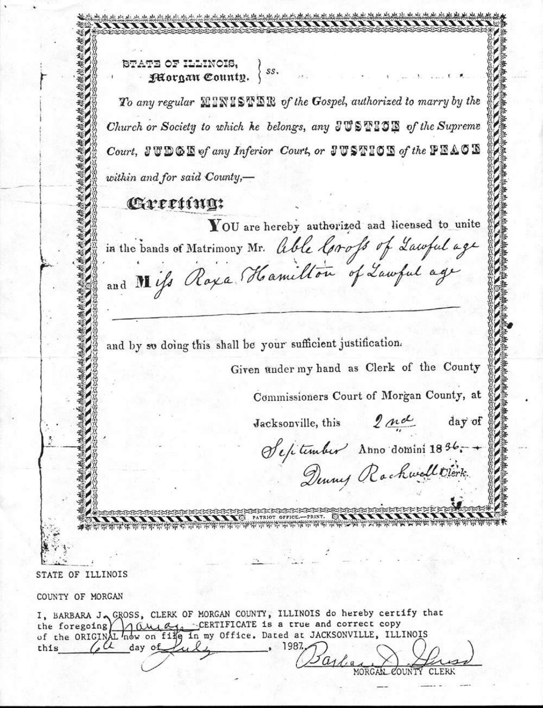 First page of Abel Cross and Roxa Hamilton Marriage Certificate 1836