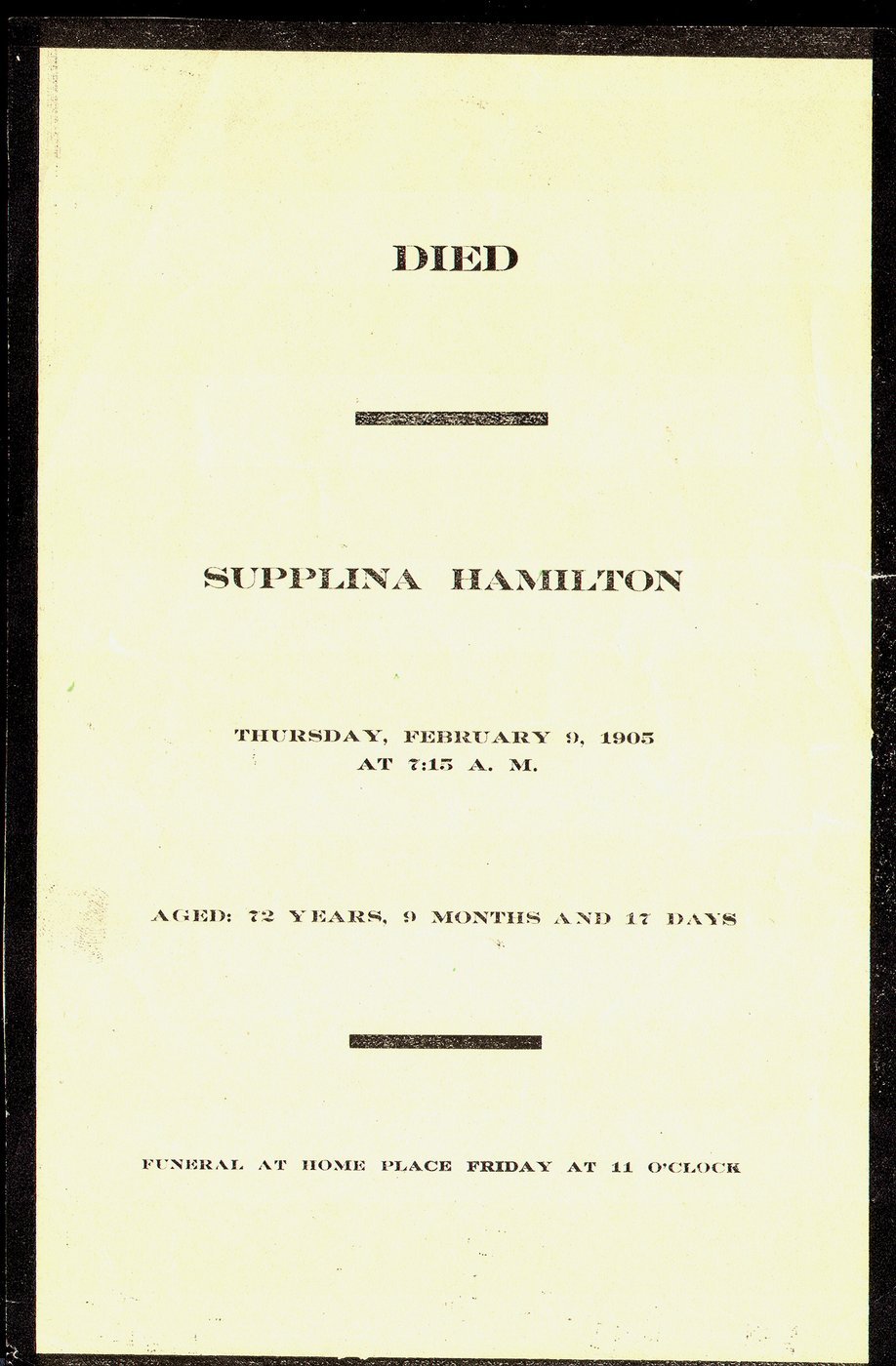 First page of Supplina Hamilton Death and Funeral Notice - Feb. 1905