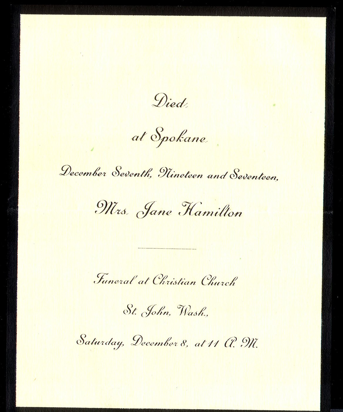 First page of Jane Hamilton Death and Funeral Notice - Dec. 1917