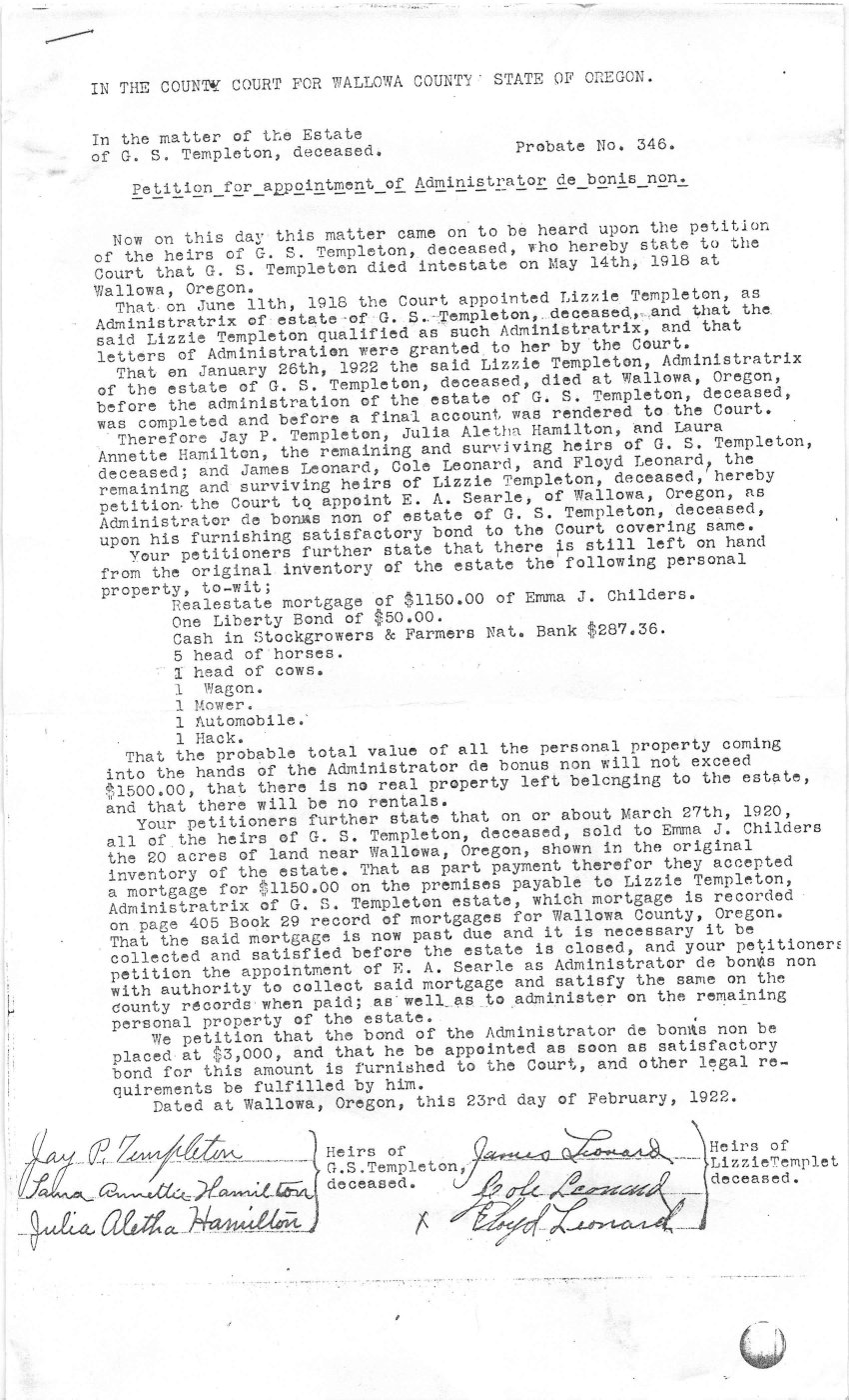 First page of Greenbury Shields Templeton - Probate Documents
