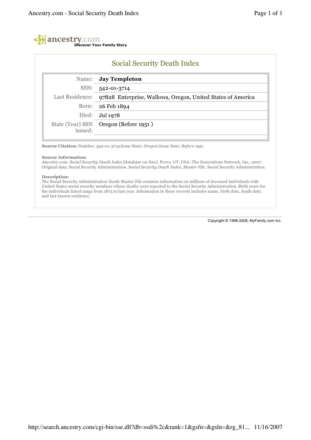 First page of Jay Templeton - Social Security Death Index