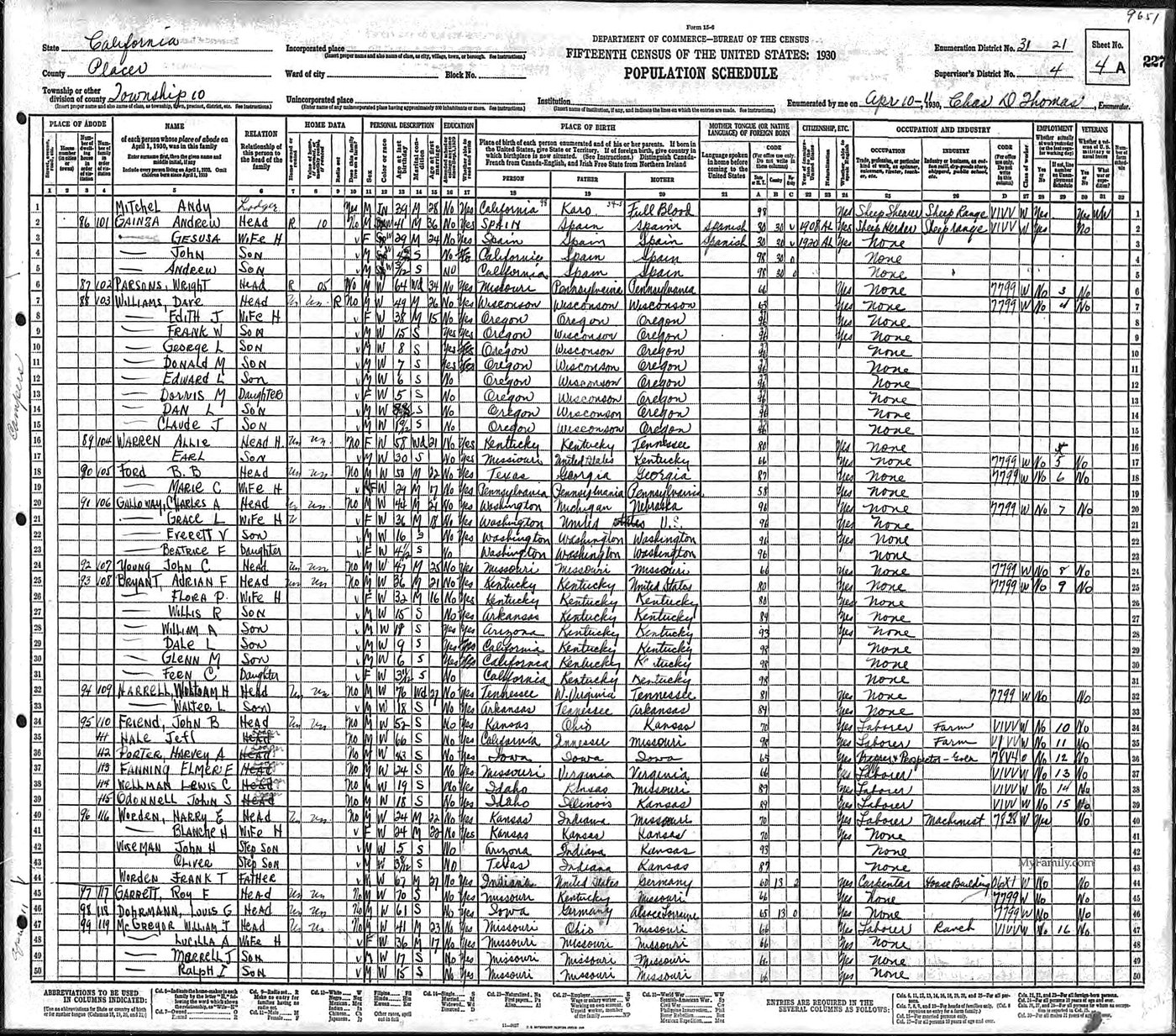 First page of 1930 US Census - Charles A & Grace Galloway Family - Placer County, CA
