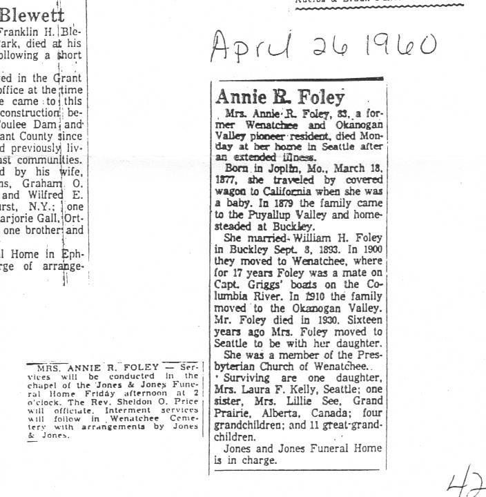First page of Martha Ann 'Annie' Foley Obituary - April 26, 1960 - Wenatchee Daily World