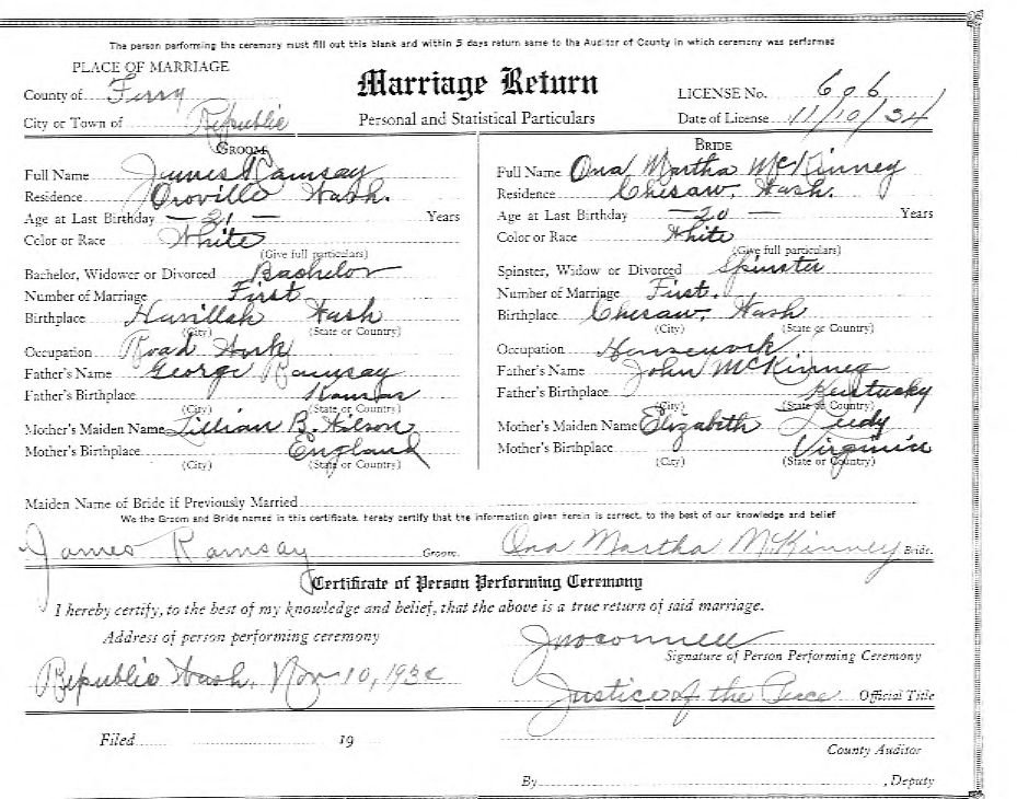 First page of James Ramsay & Ona Martha McKinney Marriage Return - Nov 1934
