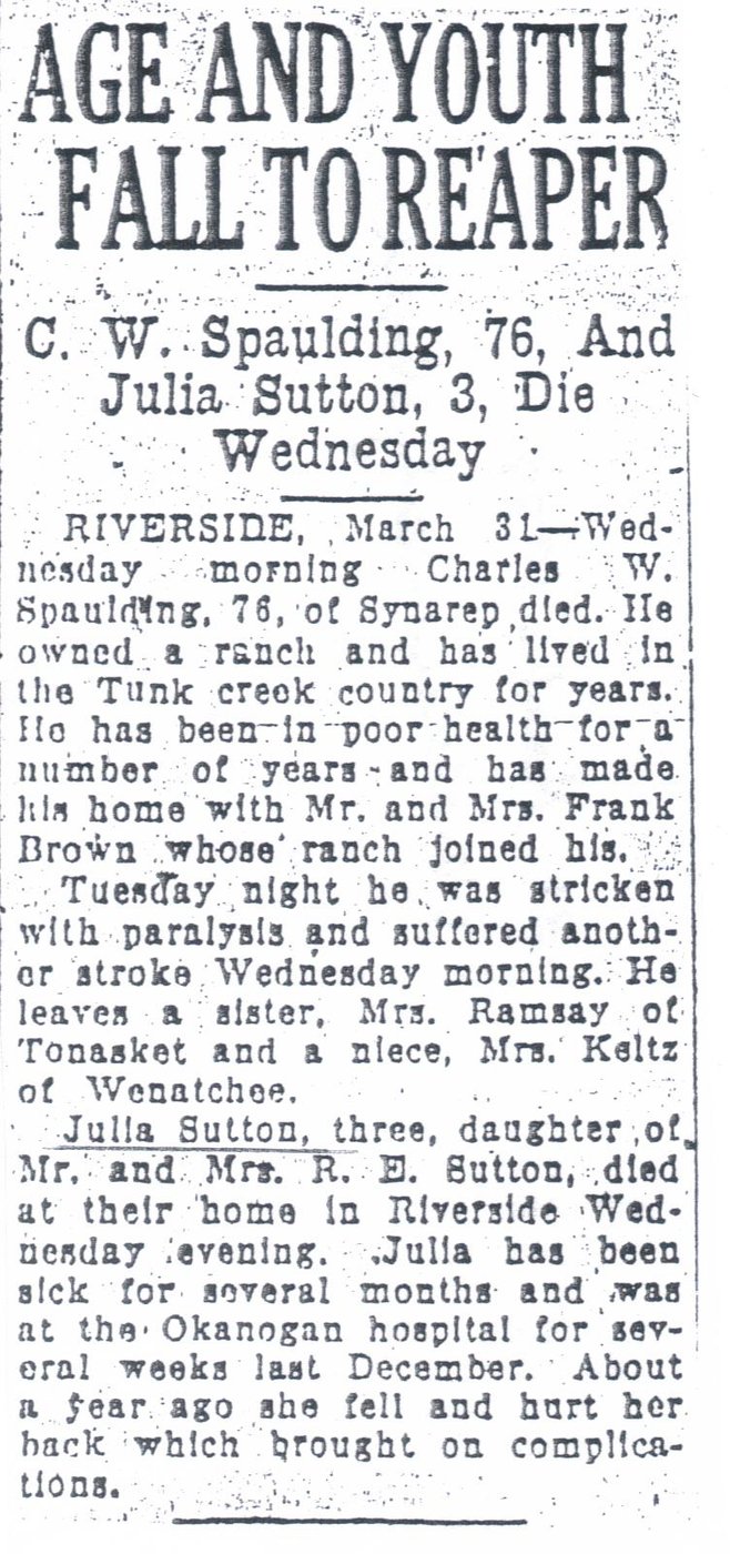 First page of Charles W. Spaulding Obituary - Wenatchee Daily World - March 31, 1928