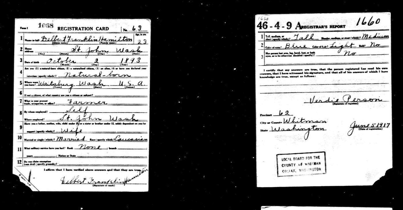First page of Delbert Franklin Hamilton 1917 Draft Card. St. John, WA
