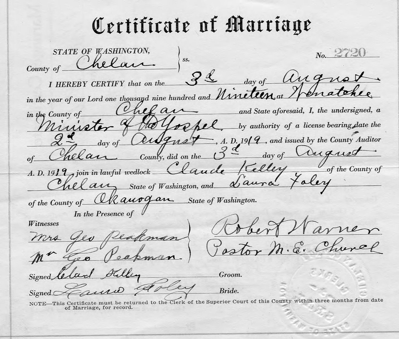 First page of Laura Foley and Claude Kelley Marriage Certificate - Chelan, WA 8-3-1919