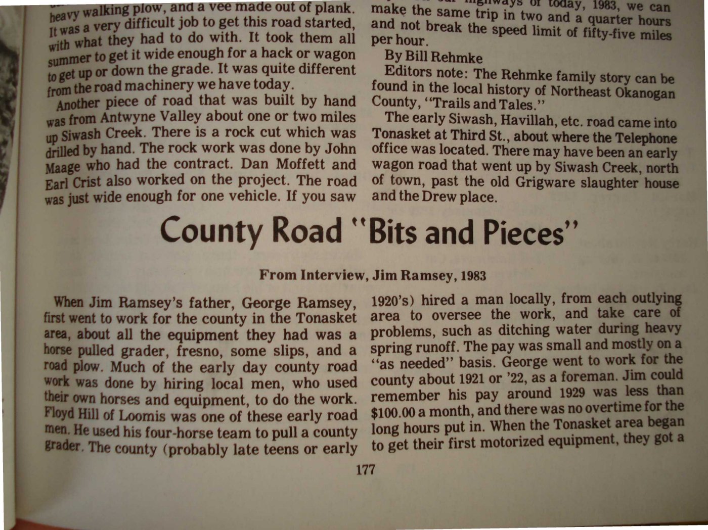 First page of Jim Ramsay 1983 Interview printed in 'All Roads Lead to Tonasket'