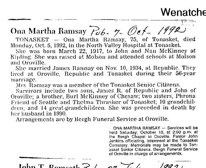 First page of Ona Martha (McKinney) Ramsay Obituary - Tonasket, WA - Oct. 7, 1992