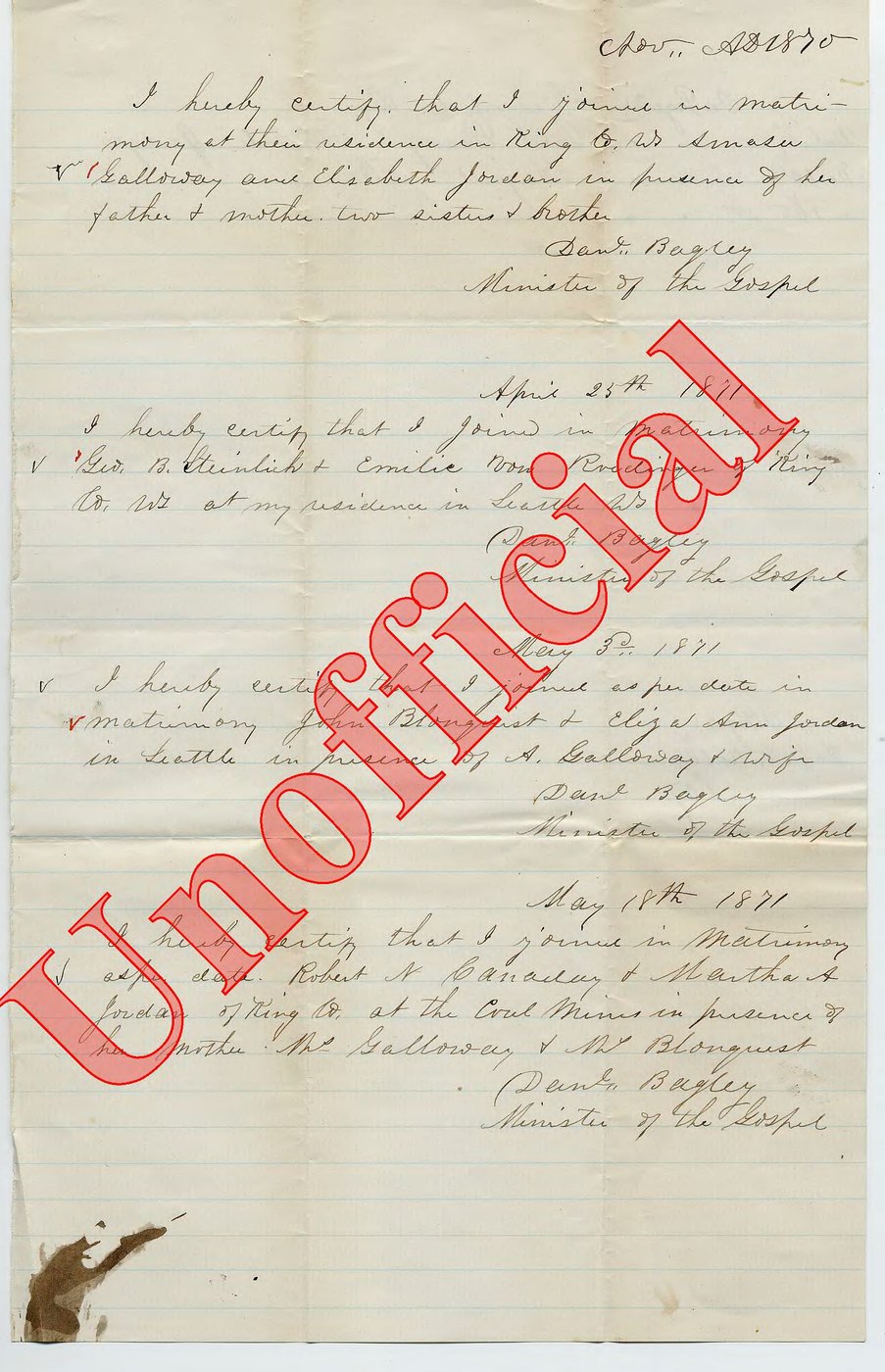 First page of Amasa Galloway and Elizabeth Jordan Marriage Record - Nov 1870 - King County, WA